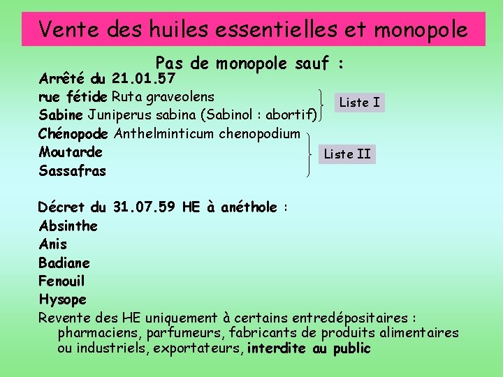 Vente des huiles essentielles et monopole Pas de monopole sauf : Arrêté du 21.