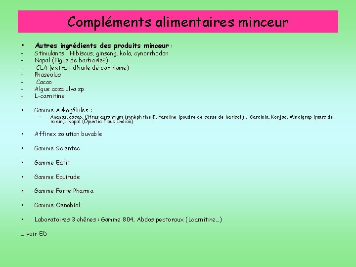 Compléments alimentaires minceur • Autres ingrédients des produits minceur : • Gamme Arkogélules :