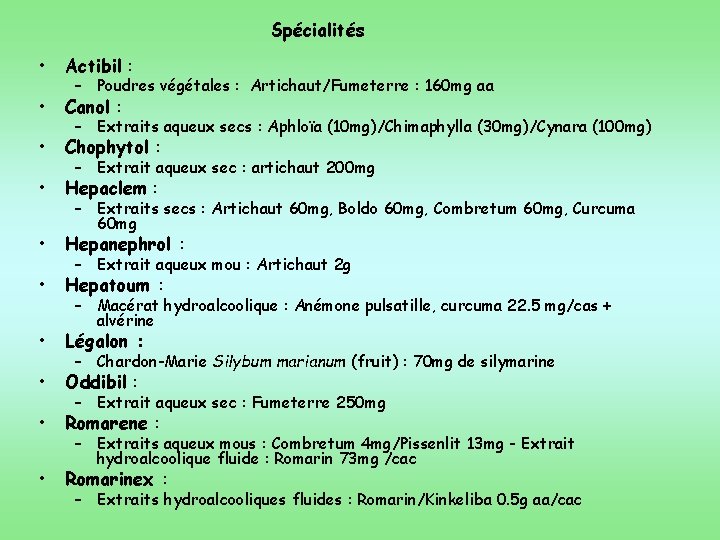 Spécialités • Actibil : • Canol : • Chophytol : • Hepaclem : •