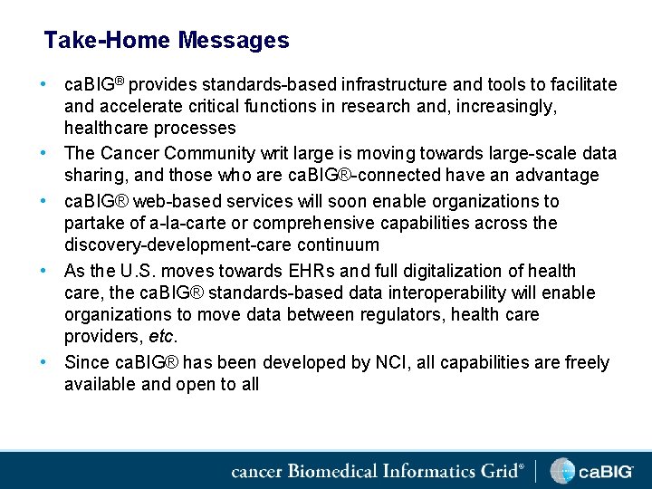 Take-Home Messages • ca. BIG® provides standards-based infrastructure and tools to facilitate and accelerate