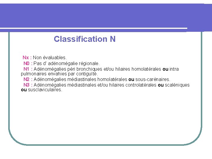  Classification N Nx : Non évaluables. N 0 : Pas d’ adénomégalie régionale.