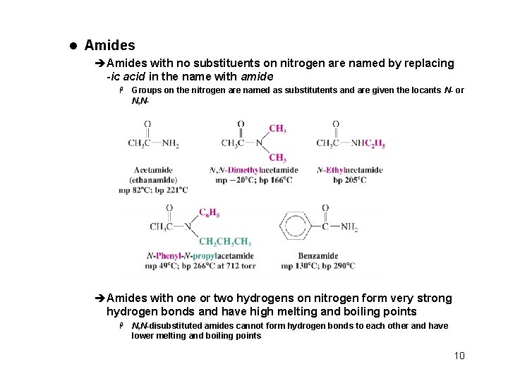 l Amides èAmides with no substituents on nitrogen are named by replacing -ic acid