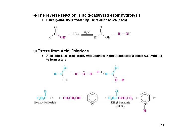èThe reverse reaction is acid-catalyzed ester hydrolysis H Ester hydrolysis is favored by use