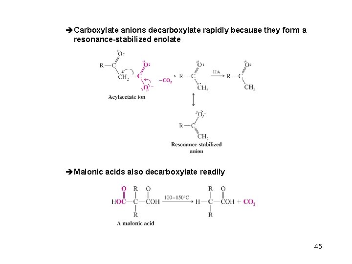 èCarboxylate anions decarboxylate rapidly because they form a resonance-stabilized enolate èMalonic acids also decarboxylate