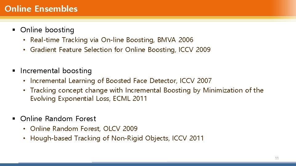 Online Ensembles § Online boosting • Real-time Tracking via On-line Boosting, BMVA 2006 •