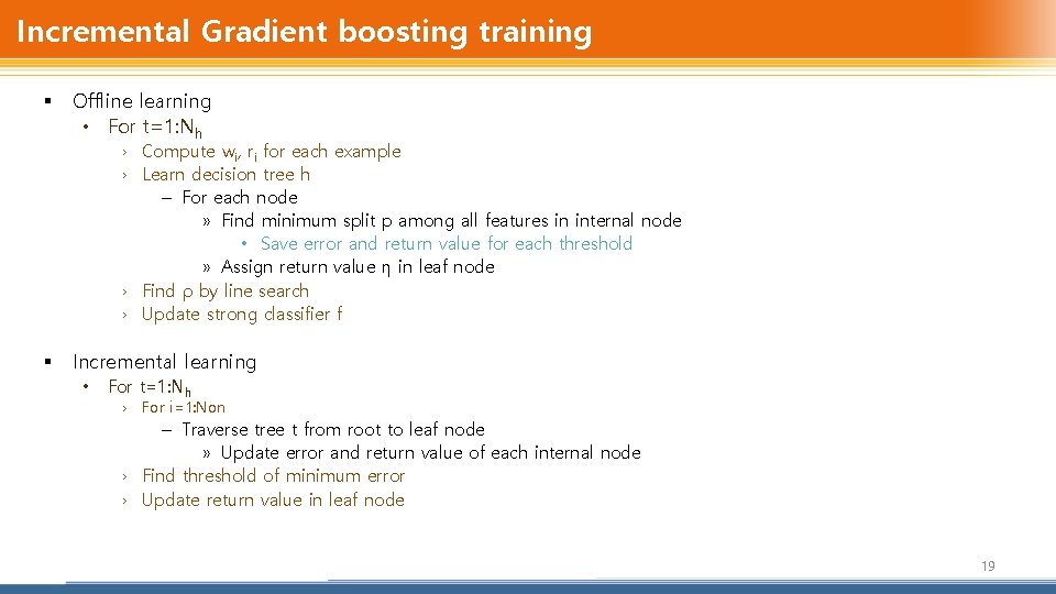 Incremental Gradient boosting training § Offline learning • For t=1: Nh › Compute wi,