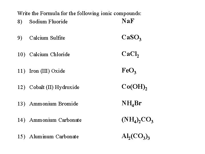 Write the Formula for the following ionic compounds: Na. F 8) Sodium Fluoride 9) Write the Formula for the following ionic compounds: Na. F 8) Sodium Fluoride 9)