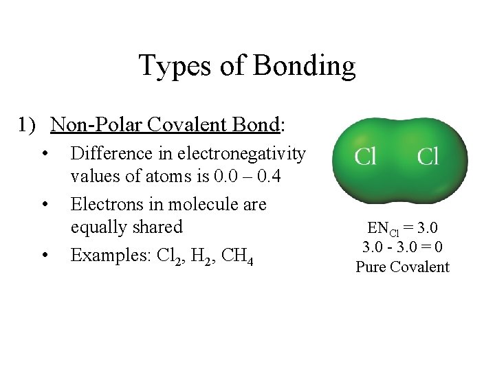 Types of Bonding 1) Non-Polar Covalent Bond: • • • Difference in electronegativity values Types of Bonding 1) Non-Polar Covalent Bond: • • • Difference in electronegativity values