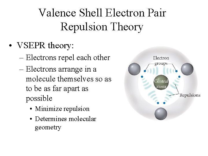 Valence Shell Electron Pair Repulsion Theory • VSEPR theory: – Electrons repel each other Valence Shell Electron Pair Repulsion Theory • VSEPR theory: – Electrons repel each other