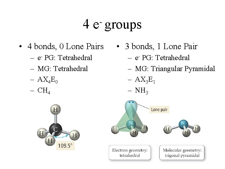 4 e- groups • 4 bonds, 0 Lone Pairs – – e- PG: Tetrahedral 4 e- groups • 4 bonds, 0 Lone Pairs – – e- PG: Tetrahedral