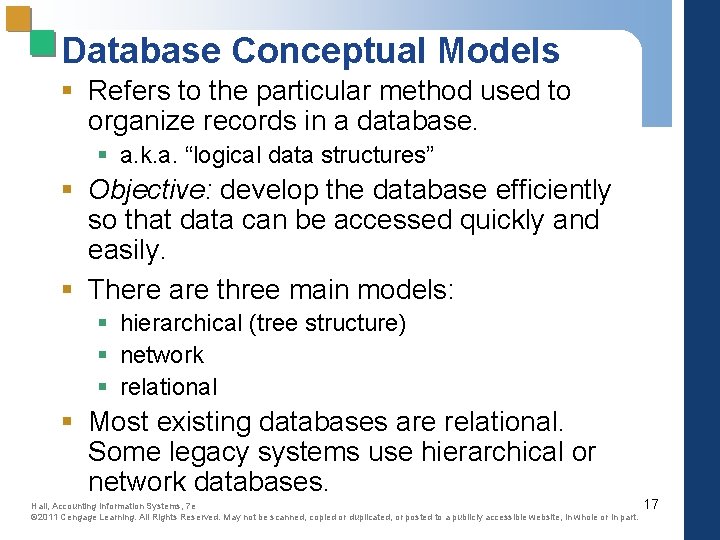 Database Conceptual Models § Refers to the particular method used to organize records in