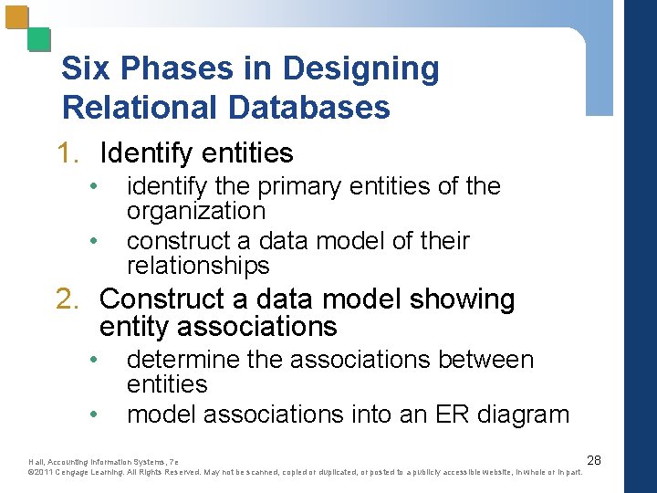 Six Phases in Designing Relational Databases 1. Identify entities • • identify the primary