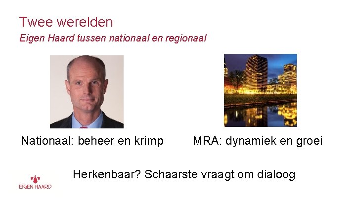 Twee werelden Eigen Haard tussen nationaal en regionaal Nationaal: beheer en krimp MRA: dynamiek