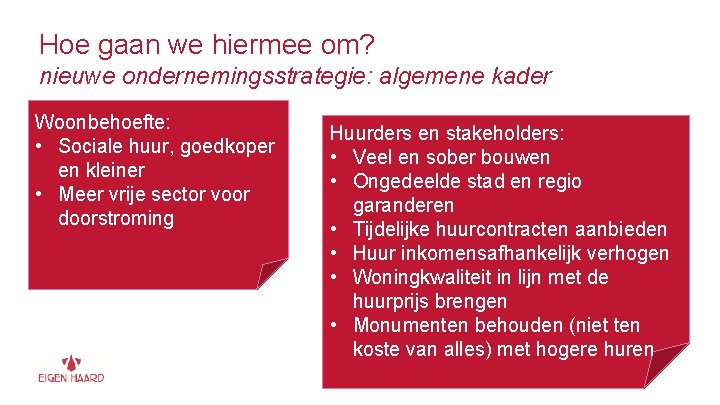 Hoe gaan we hiermee om? nieuwe ondernemingsstrategie: algemene kader Woonbehoefte: • Sociale huur, goedkoper