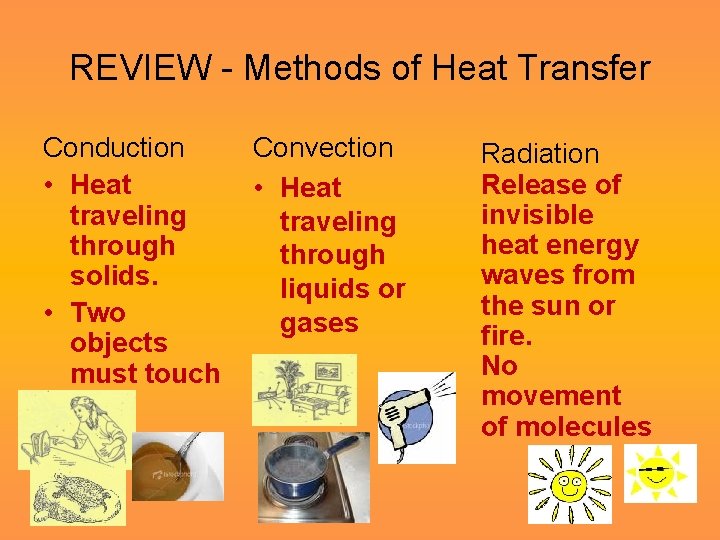 REVIEW - Methods of Heat Transfer Conduction • Heat traveling through solids. • Two