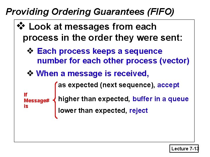 Providing Ordering Guarantees (FIFO) v Look at messages from each process in the order