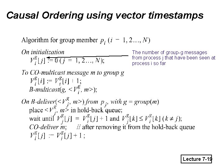 Causal Ordering using vector timestamps The number of group-g messages from process j that
