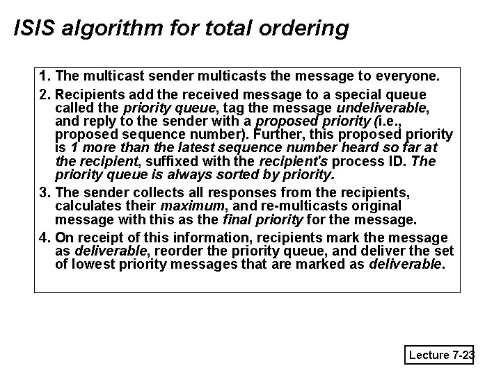 ISIS algorithm for total ordering 1. The multicast sender multicasts the message to everyone.