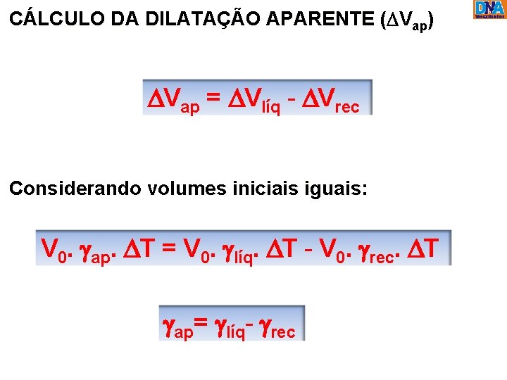 CÁLCULO DA DILATAÇÃO APARENTE (DVap) DVap = DVlíq - DVrec Considerando volumes iniciais iguais: