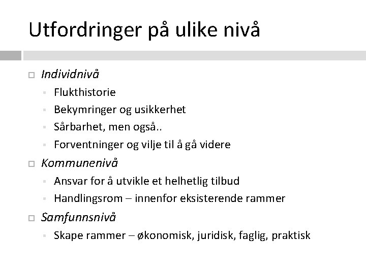 Utfordringer på ulike nivå Individnivå § § Kommunenivå § § Flukthistorie Bekymringer og usikkerhet