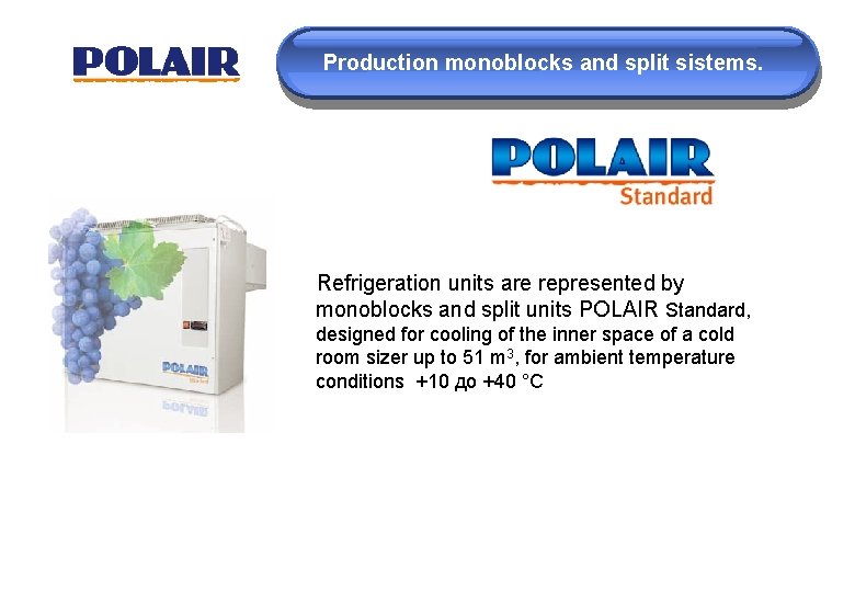 Production monoblocks and split sistems. Refrigeration units are represented by monoblocks and split units