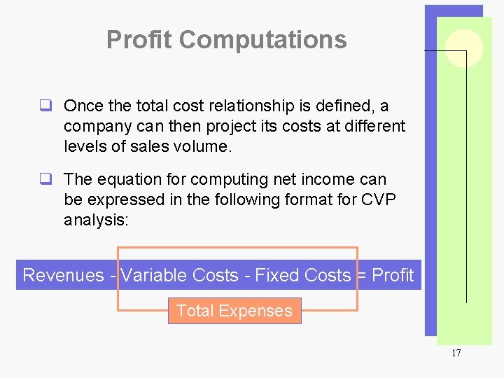 Profit Computations q Once the total cost relationship is defined, a company can then