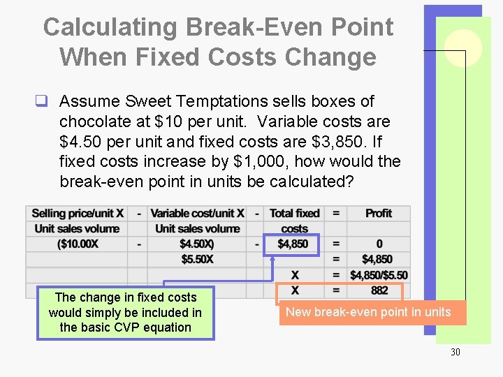 Calculating Break-Even Point When Fixed Costs Change q Assume Sweet Temptations sells boxes of