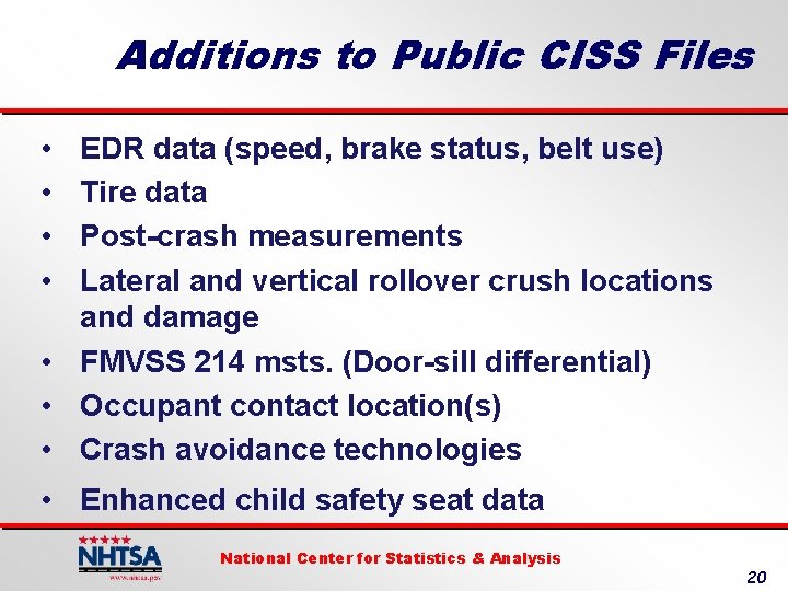 Additions to Public CISS Files • • EDR data (speed, brake status, belt use)