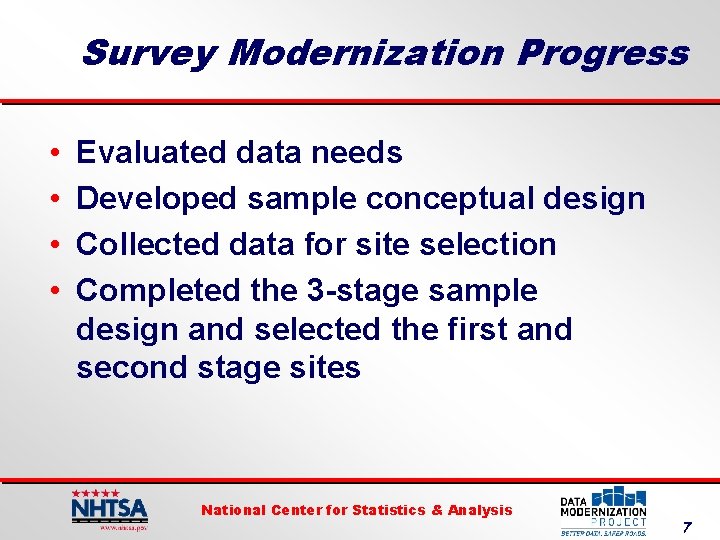 Survey Modernization Progress • • Evaluated data needs Developed sample conceptual design Collected data