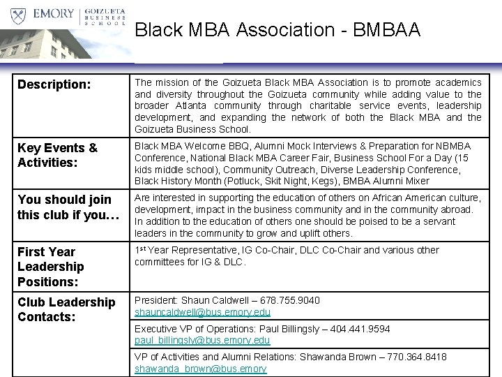 Black MBA Association - BMBAA Description: The mission of the Goizueta Black MBA Association