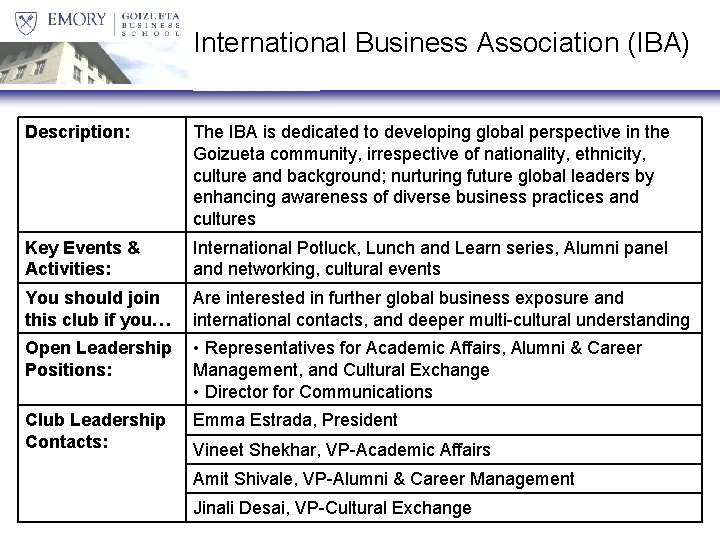International Business Association (IBA) Description: The IBA is dedicated to developing global perspective in