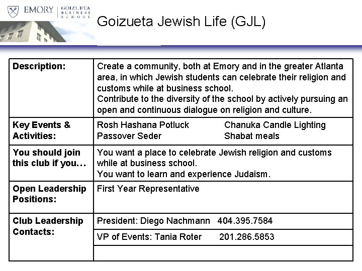 Goizueta Jewish Life (GJL) Description: Create a community, both at Emory and in the