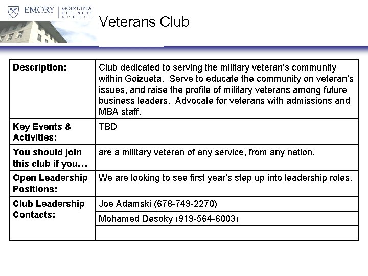 Veterans Club Description: Club dedicated to serving the military veteran’s community within Goizueta. Serve