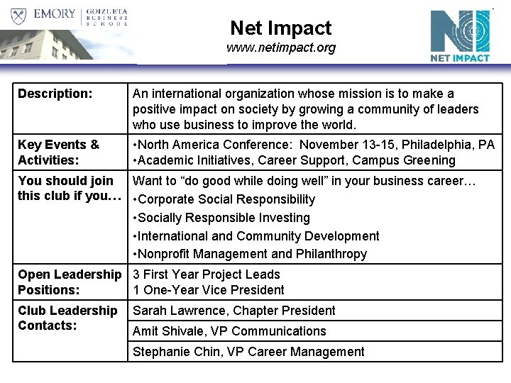 Net Impact www. netimpact. org Description: An international organization whose mission is to make