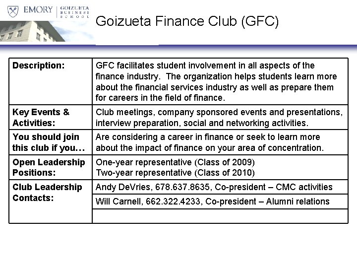 Goizueta Finance Club (GFC) Description: GFC facilitates student involvement in all aspects of the