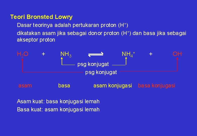 Teori Bronsted Lowry Dasar teorinya adalah pertukaran proton (H+) dikatakan asam jika sebagai donor