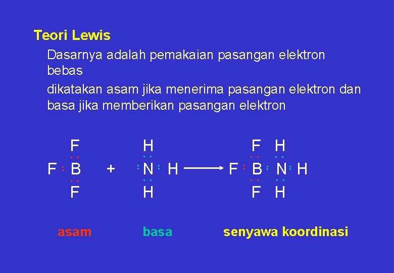 Teori Lewis Dasarnya adalah pemakaian pasangan elektron bebas dikatakan asam jika menerima pasangan elektron