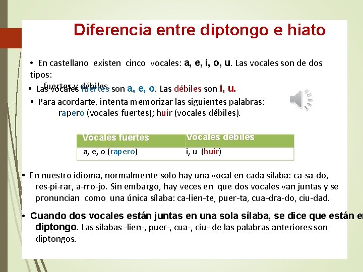 Diferencia entre diptongo e hiato • En castellano existen cinco vocales: a, e, i,