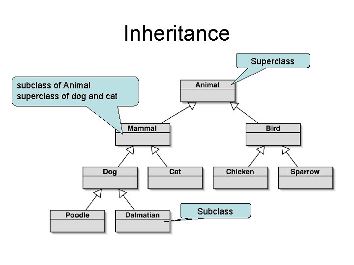 Inheritance Superclass subclass of Animal superclass of dog and cat Subclass 