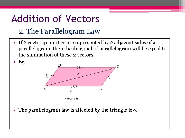 Addition of Vectors 2. The Parallelogram Law • If 2 vector quantities are represented