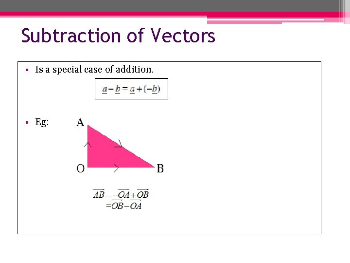 Subtraction of Vectors • Is a special case of addition. • Eg: 