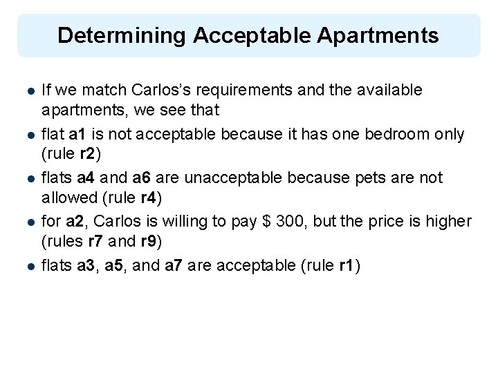 Determining Acceptable Apartments l l l If we match Carlos’s requirements and the available