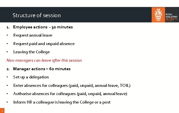 Structure of session 1. Employee actions - 30 minutes • Request annual leave •