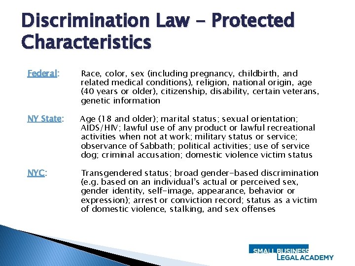 Discrimination Law - Protected Characteristics Federal: Race, color, sex (including pregnancy, childbirth, and related