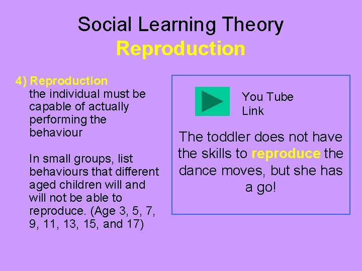 Social Learning Theory Reproduction 4) Reproduction the individual must be capable of actually performing