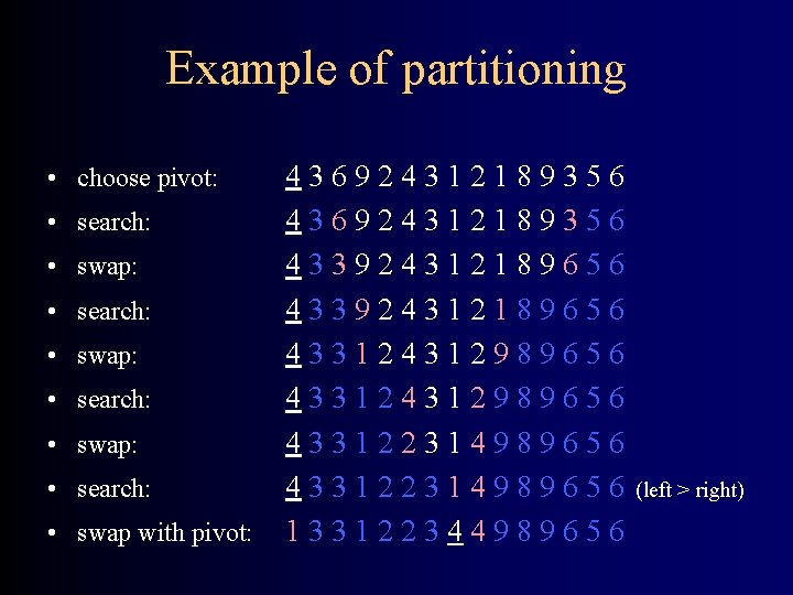 Example of partitioning • choose pivot: • search: • swap: • search: • swap