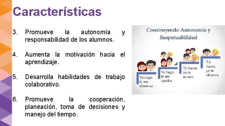 Características 3. Promueve la autonomía responsabilidad de los alumnos. 4. Aumenta la motivación hacia