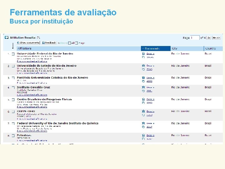 Ferramentas de avaliação Busca por instituição Exemplo: encontrar toda a produção científica de uma