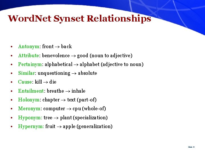 Word. Net Synset Relationships • Antonym: front back • Attribute: benevolence good (noun to