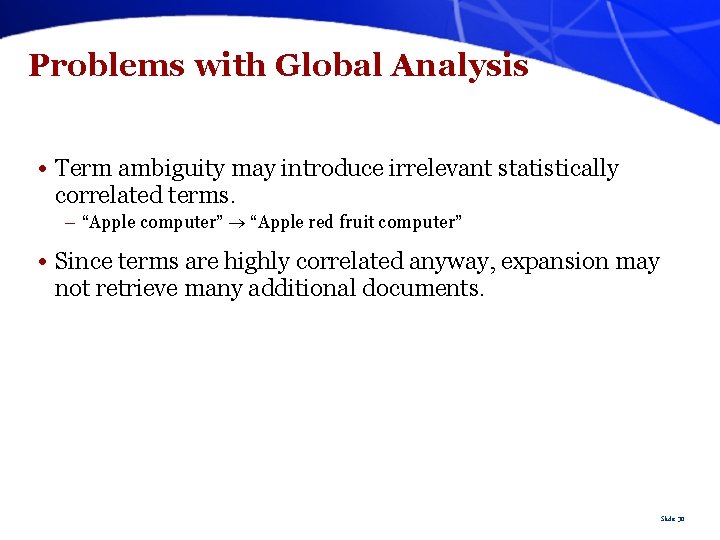 Problems with Global Analysis • Term ambiguity may introduce irrelevant statistically correlated terms. –